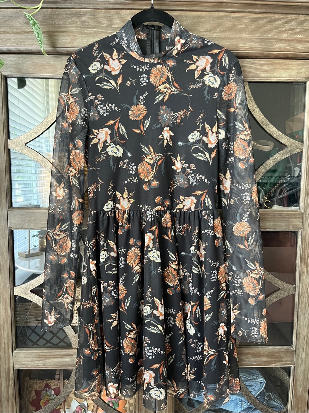 Altar’d State Diya Sheer Sleeve Floral Mesh Long Sleeve Mini Dress - Black/Orang